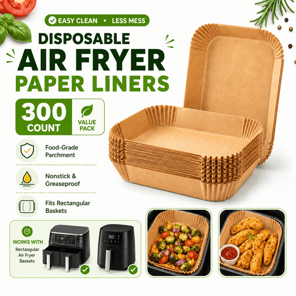 VALUNE 300PCS Rectangular Disposable Air Fryer Liners, Non-Stick Parchment Paper Liners for Most Air Fryers