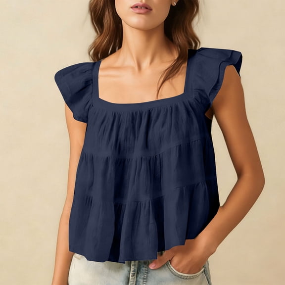 ClodeEU Women's Square Neck Flutter Sleeve Top ,Spring Summer Casual Linen Blend Blouse Navy,Womens Plus XXL