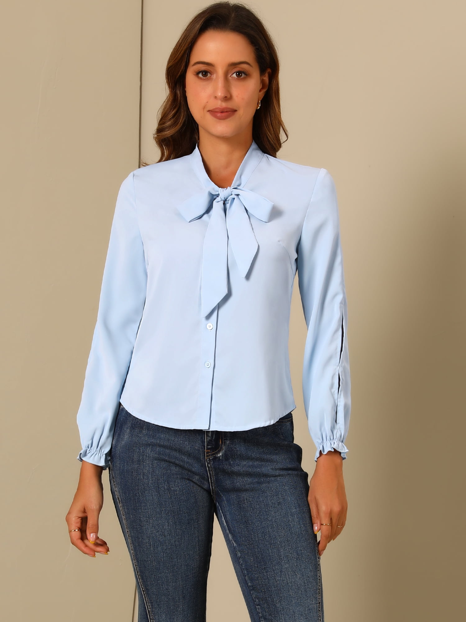 DARING DIVA Women's Elegant Bow Tie Neck Blouse Chiffon Shirt S Light Blue