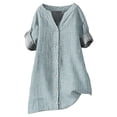 thumbnail image 4 of Blue Womens Blouses Cotton Linen Shirts for Women 2025 Trendy Roll Up Short Sleeve Tshirts Workout Button Size Shirt Summer Tops for Women, 4 of 6