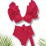 Swimsuit for Women Ruffled High-Waisted Deep V Push-Up Bikini Set