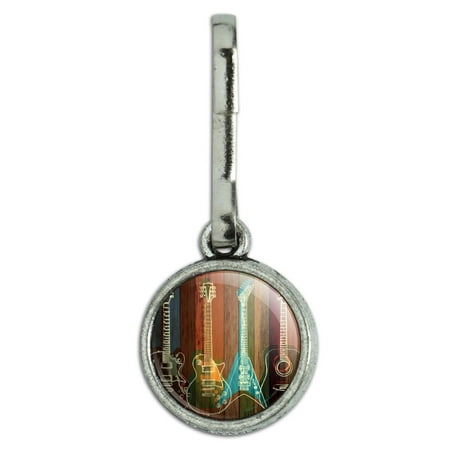 Guitars Electric Acoustic Rock and Roll Wood Paneling Antiqued Charm Clothes Purse Suitcase Backpack Zipper Pull Aid