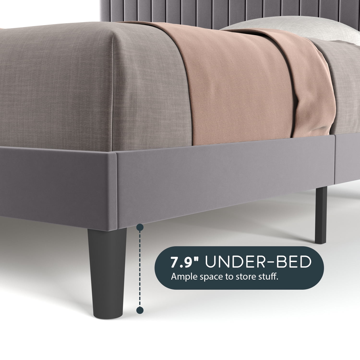 Einfach Full Size Platform Bed Frame with Upholstered Adjustable Velvet Vertical Tufted Headboard, Grey