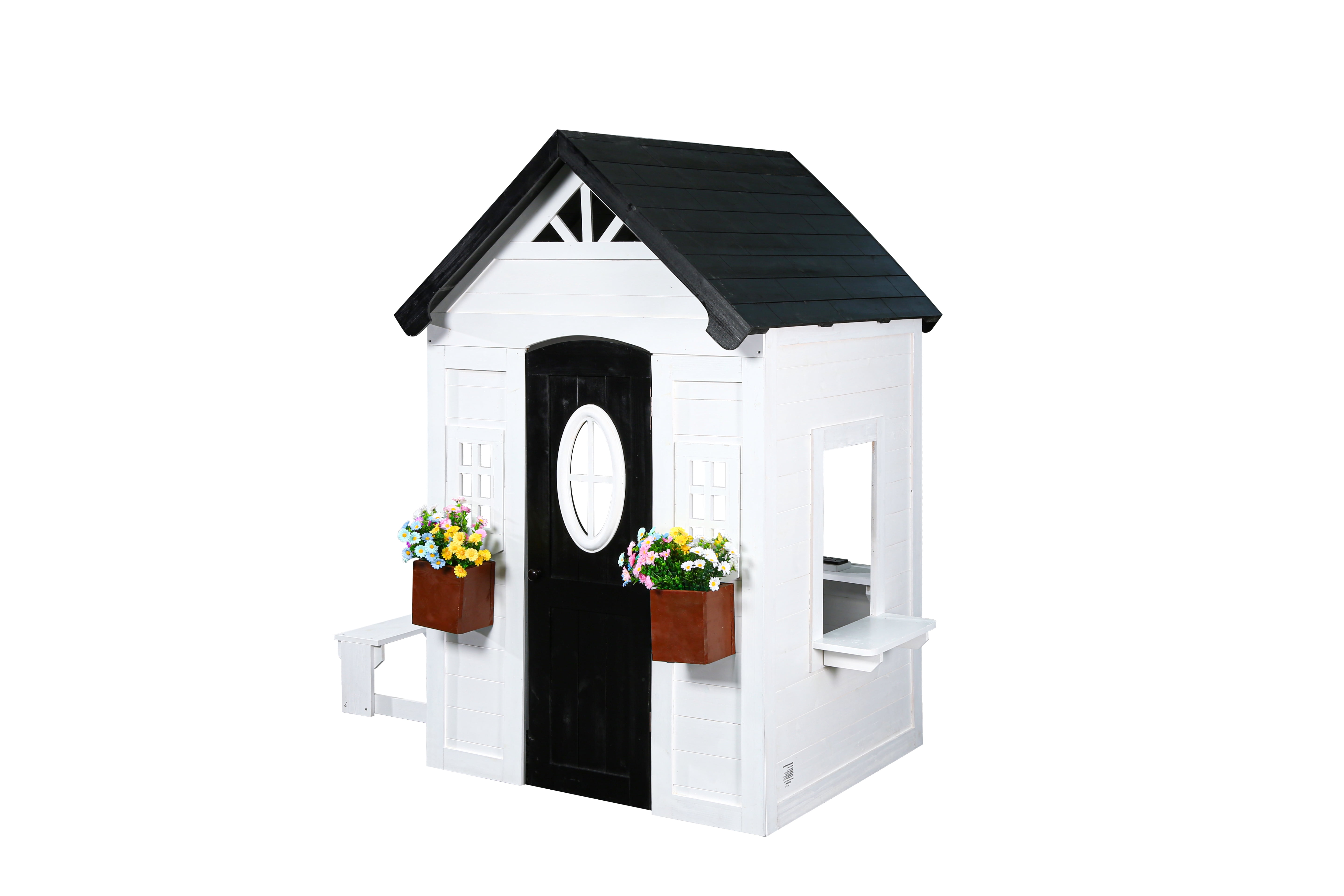 2MamaBees Zahara Playhouse | White & Black Farmhouse Design with Kitchen and Garden