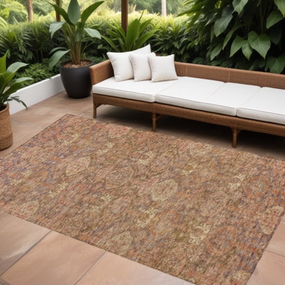 HomeRoots 603372 5 x 8 ft. Brown & Tan Damask Washable Indoor & Outdoor Rectangle Area Rug