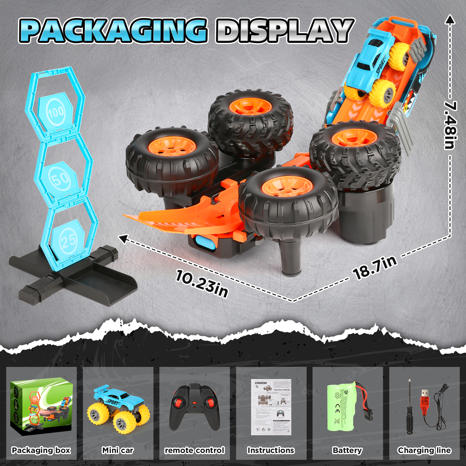 Huge Wave Remote Control Car, 1:16 Scale RC Stunt Monster Truck Toys, with Transform Track and Mini Car, Christmas Birthday Gift