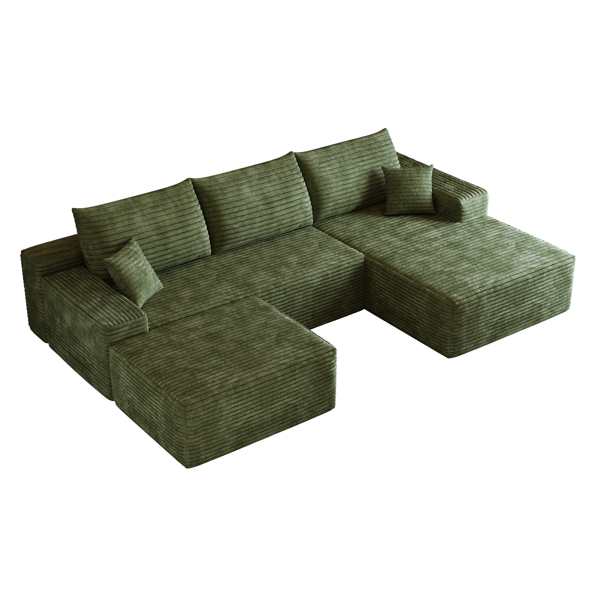MAYEERTY 107" Cloud Sectional Sofa with 1 Ottoman, Modern Minimalist U-Shaped Deep Seat Couch, No Assembly Plush Corduroy Fabric, Green (3 packages)