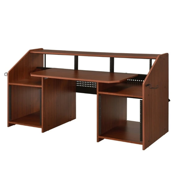 71 Inch Wood Music Desk Studio Workstation 3 Shelves Cherry Brown