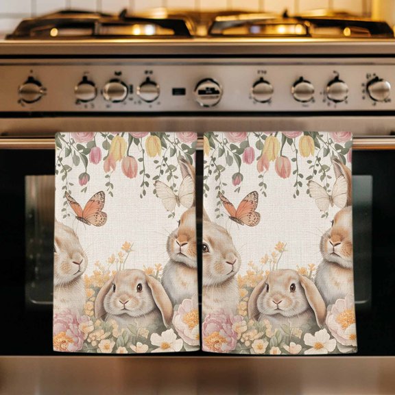 Easter Rabbits Kitchen Towels Set of 2, Spring Flowers Butterfly Bunny Plants Beige Absorbent Dish Towels for Kitchen, Microfiber Hand Towel, Quick Drying Tea Towel for Cleaning Decorative Dishcloths