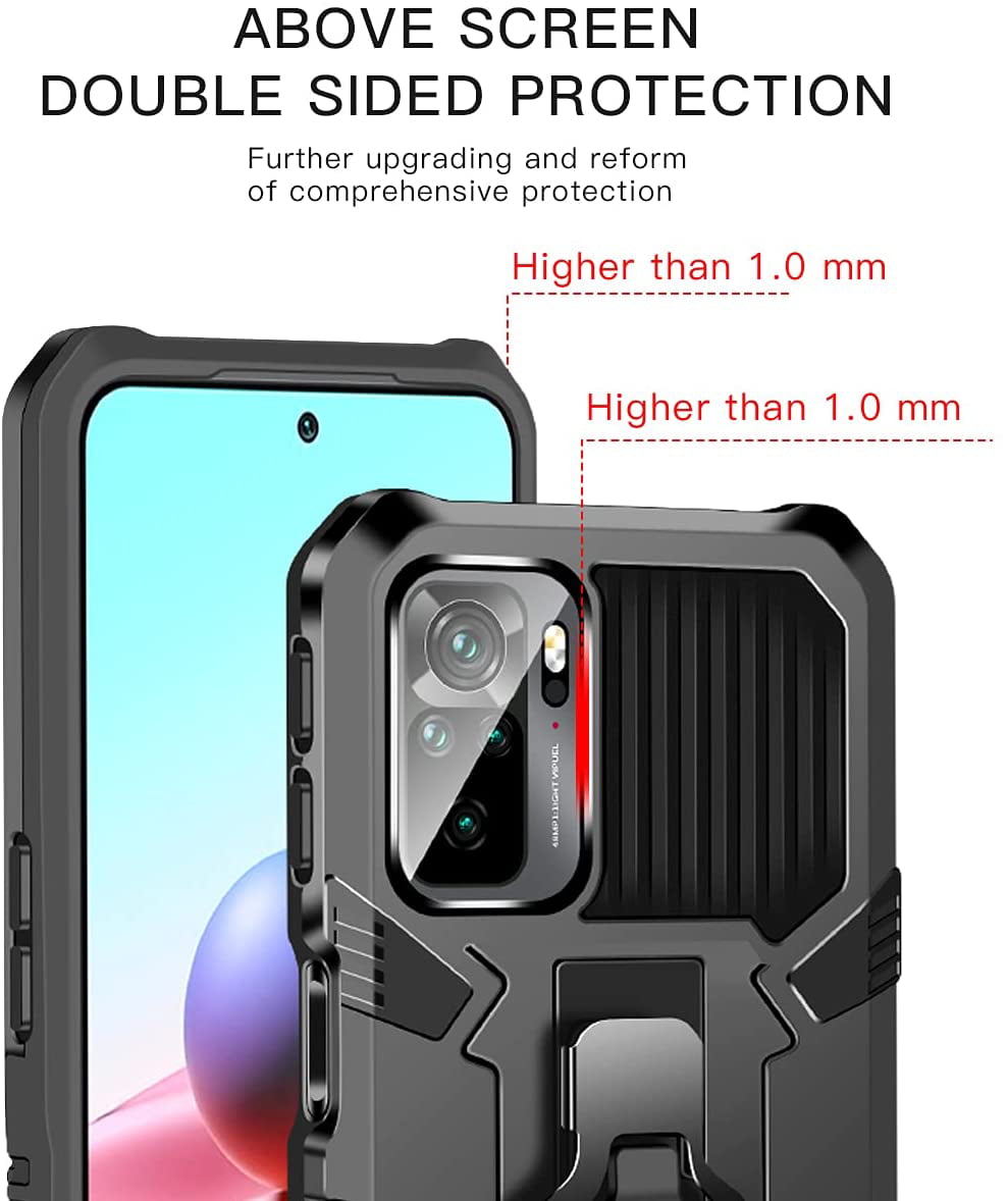 Black Military Grade Shockproof Protective Case Cover with Metal Back Belt Clip ZMONE for XiaoMi RedMi Note 10 4G/Note 10S Case with Tempered Glass Screen Protector 2 Pack 