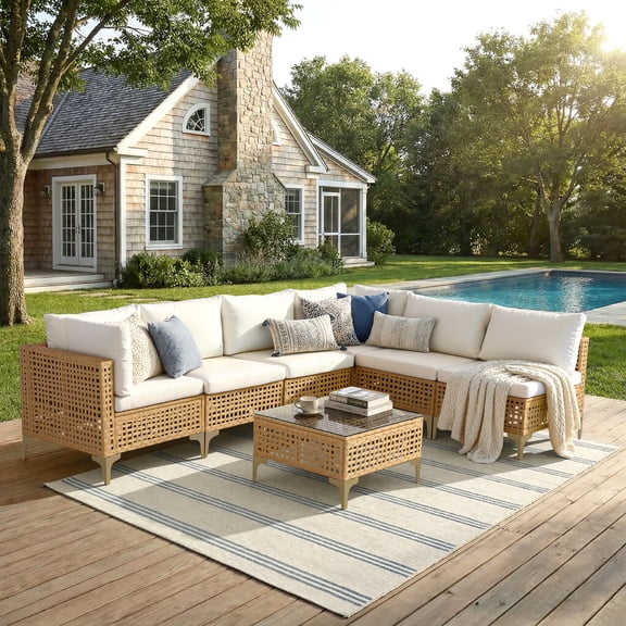 BJROESUW 7 Piece Wicker Patio Furniture Set, Outdoor Conversation Set Sectional Sofa with Thick Cushions & Coffee Table for Backyard, Porch, Natural/Beige