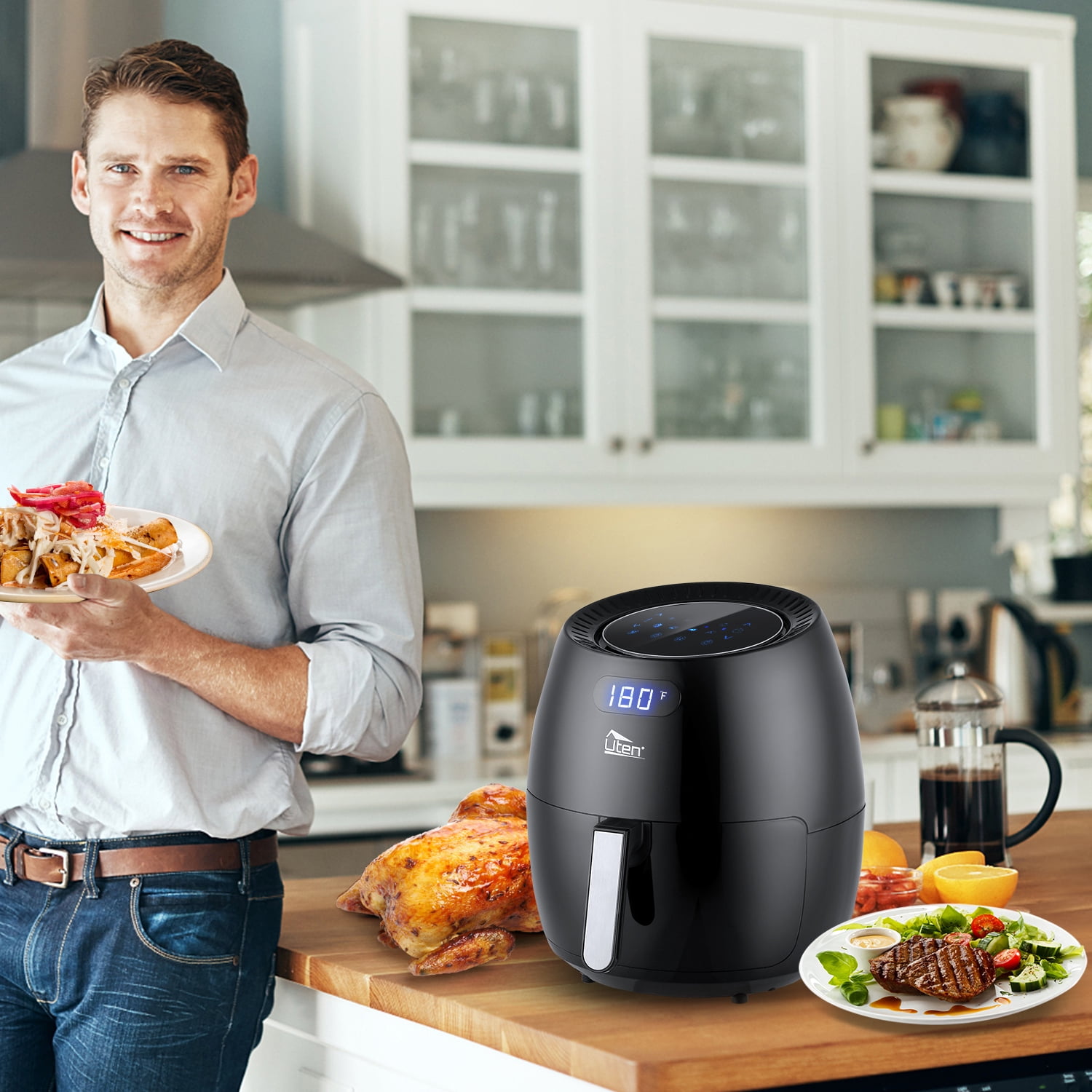 Uten 6.9 Qt Air Fryer Toaster Oven Combo, 1700W Digital One-Touch Screen Airfryer, 8 Presets Nonstick Basket, Compact Size for Family, Easy Clean, Black