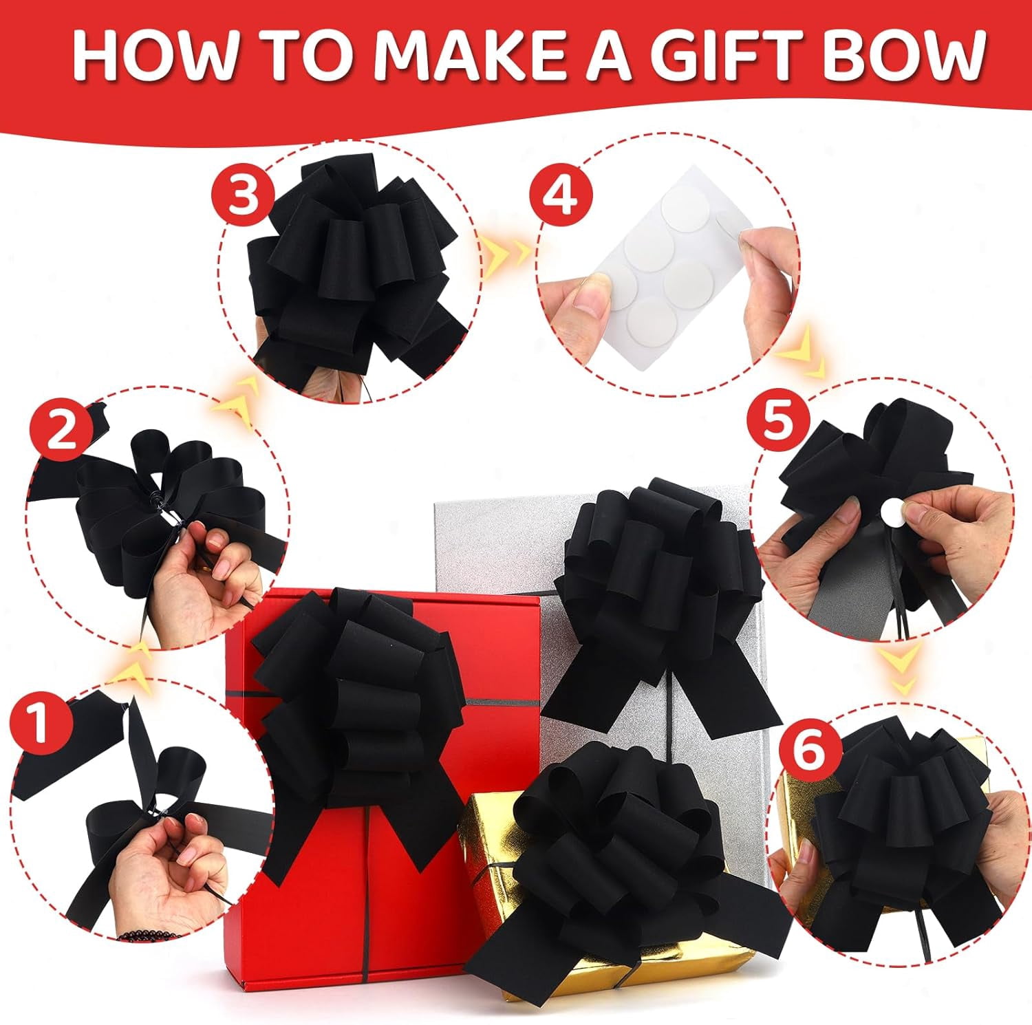 Large Black Pull Bow for Gift Basket Wrapping Xmas Bows Presents Wrap Ribbon Christmas Tree Ornament Wine Bottles Bouquet Flower Valentine's Day Party Decor (Black-I)