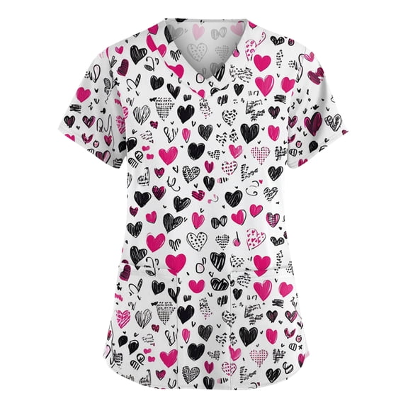Valentines Day Scrub Tops for Women Plus Size Hoilday Short Sleeve Cute Valentine Love Printed Scrubs Loose V Neck Scrub Shirts Nursing Uniform Medical Nurse Workwear with Pockets Hot Pink 3XL