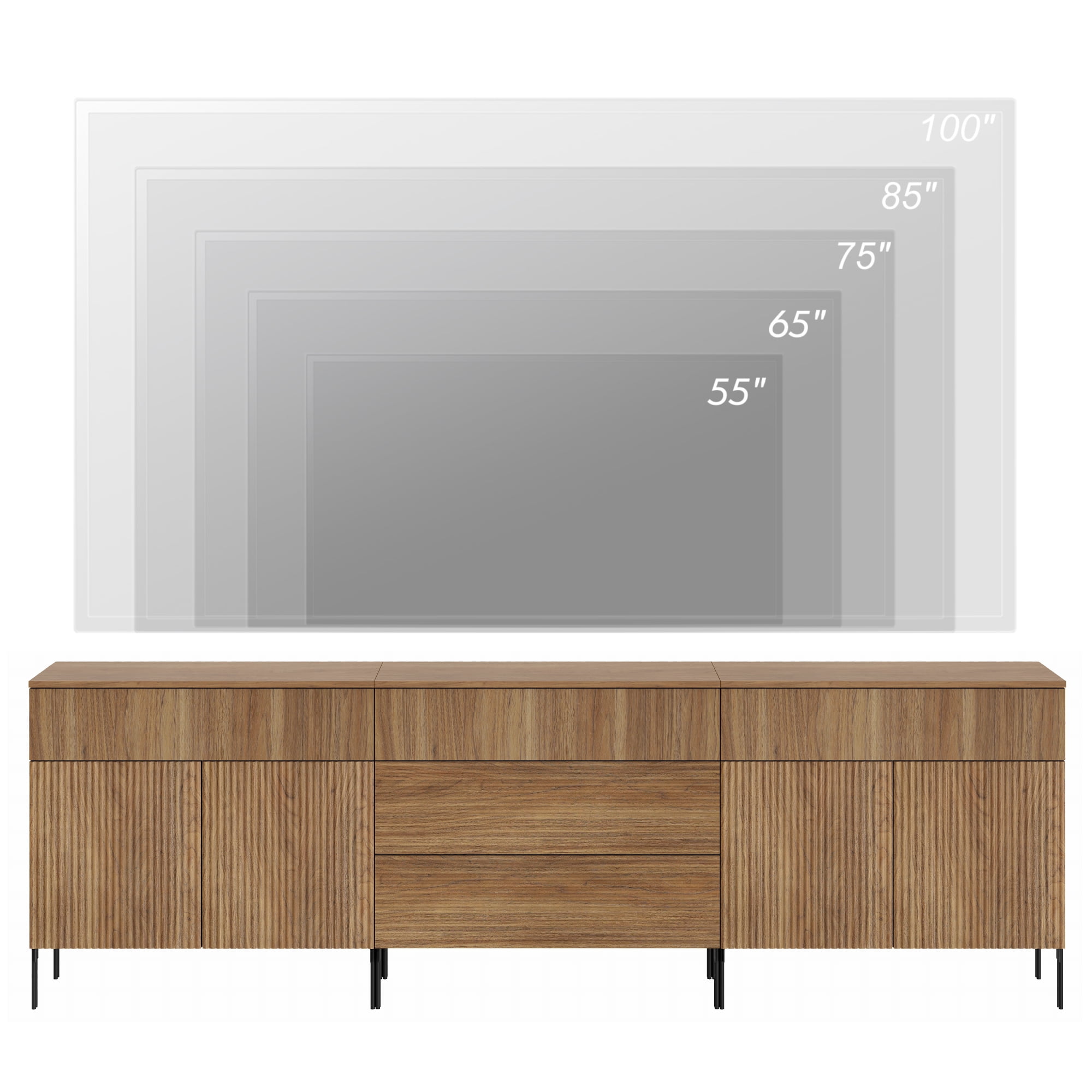 94.5" Reeded Accent Cabinet Set with Doors and Drawers, Modern Credenza Storage Cabinet with Metal Legs for Living Room, Kitchen, Dining Room, Hallway