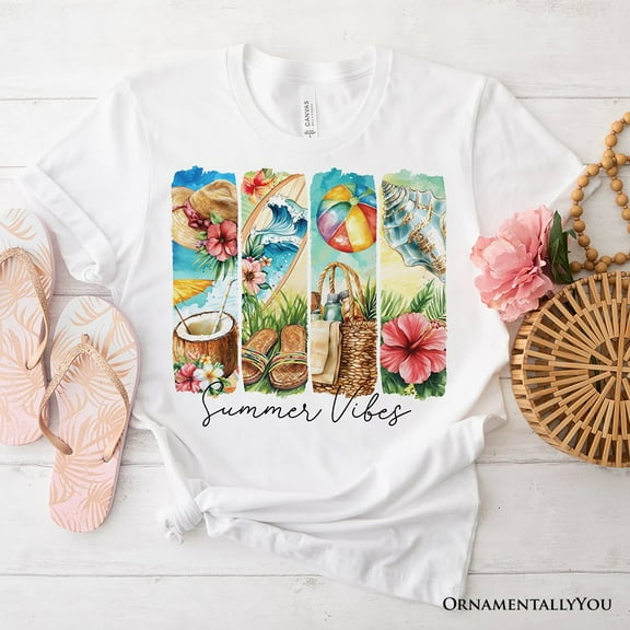 Summer Vibes T-Shirt, White and Natural Beach Tee with Coconut and Flowers