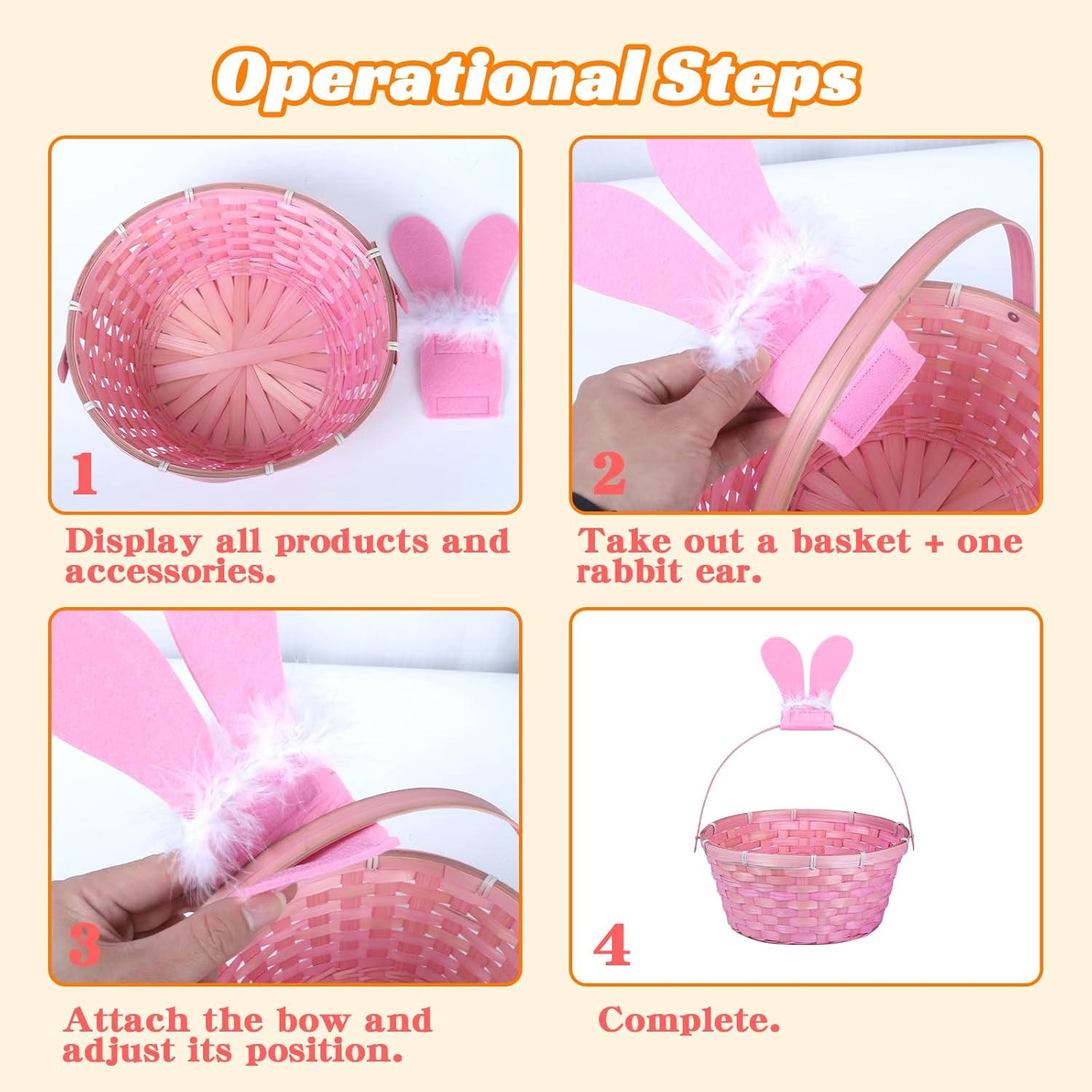 3 PCS Easter Bamboo Baskets Gift with Bunny Ears and Handle, Bunny Easter Basket Woven Easter Eggs Hunting Bucket, Wicker Candy Toys Storage BucketBaskets with Handle for Picnic, Party Favors