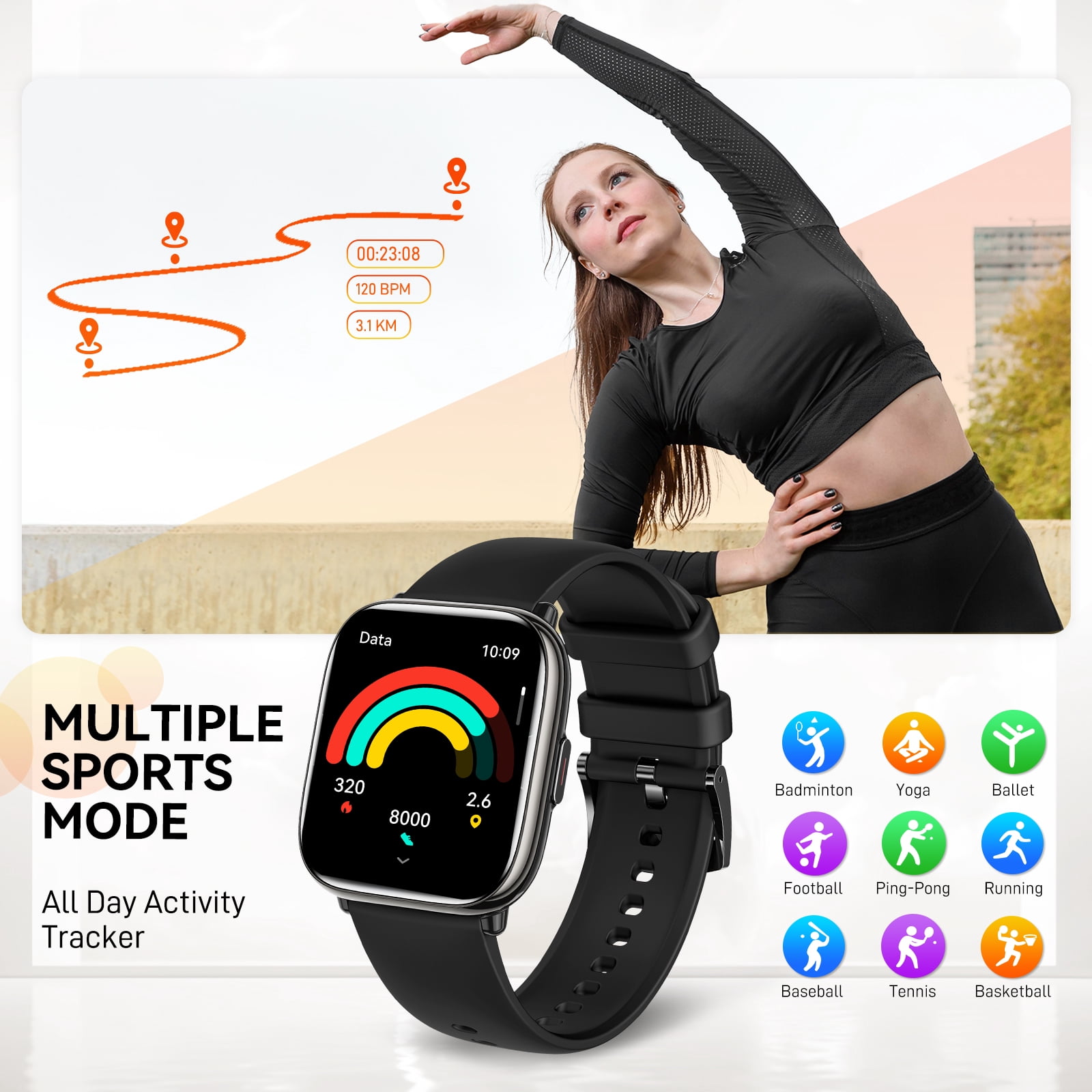 XAXRE Smartwatch for Women Men 1.75" AMOLED Display IP68 Waterproof  Smartwatch with Fitness Tracker Pedometer Sport Watch for iOS Android, 1pc, Black