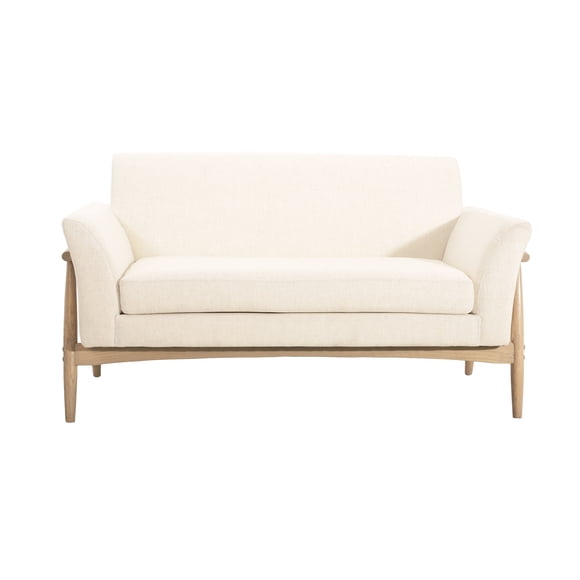 GOWE Causeuse à Accoudoirs Évasés (Beige+naturel-4675) Présentant Notre Causeuse Élégante Rembourrée en Tissu avec des Pieds Élégants en Bois d'Orme et des Accoudoirs Évasés Chics. Parfaite pour Ajouter une Touche Moderne à Votre spa de Vie