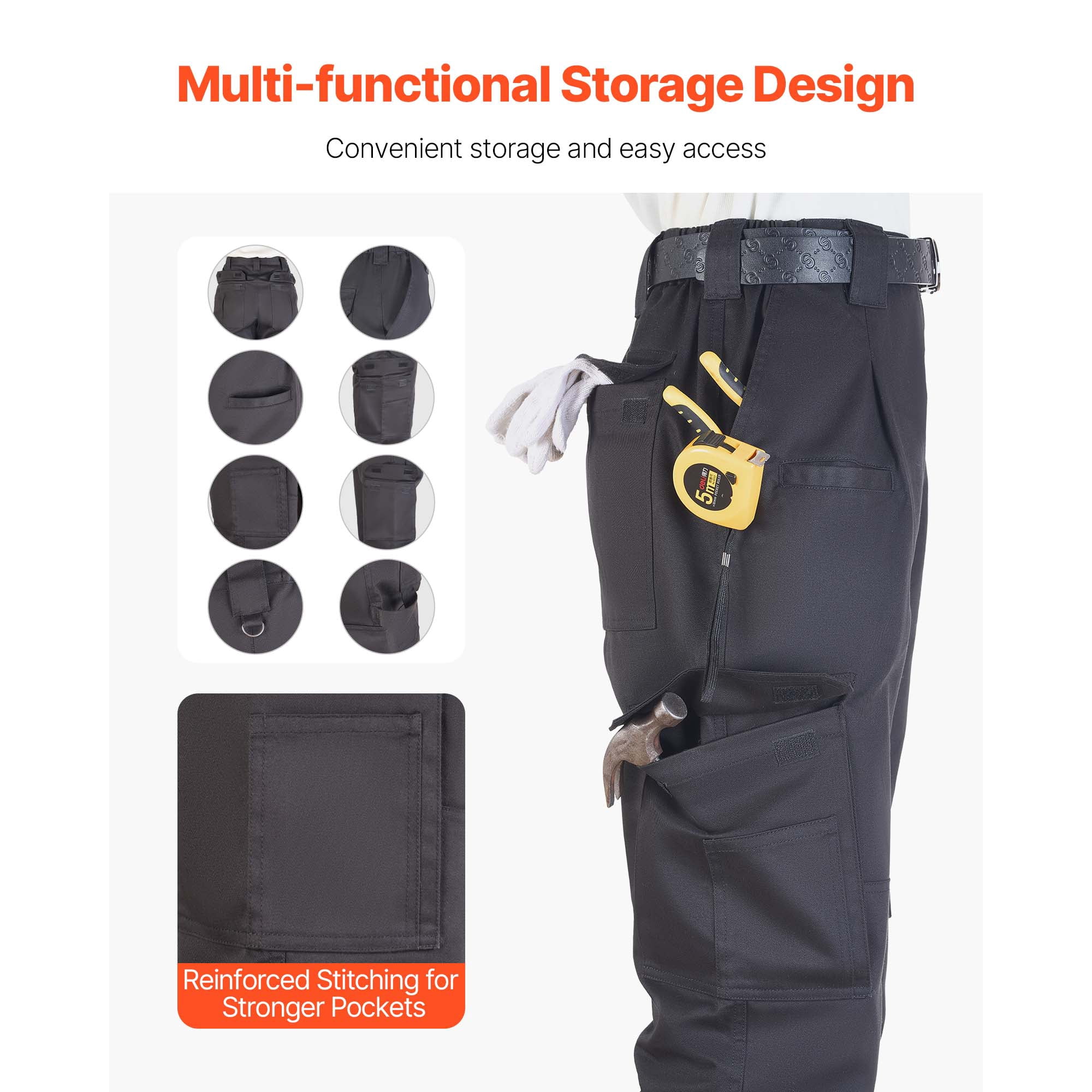 KFFKFF Flame-Resistant Men's Pants, 9 oz 100% Cotton, Durable Cargo Design with Multiple Pockets and Elastic Waistband, Reinforced Stitching for Welding and Everyday Use, L Size, Black