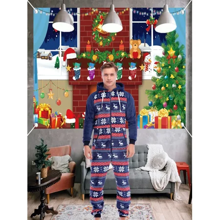 

Men‘s Christmas Warm Fleece Hoodie Jumpsuit Pajamas With Pockets And Zipper Hoodie One Piece Sleepwear