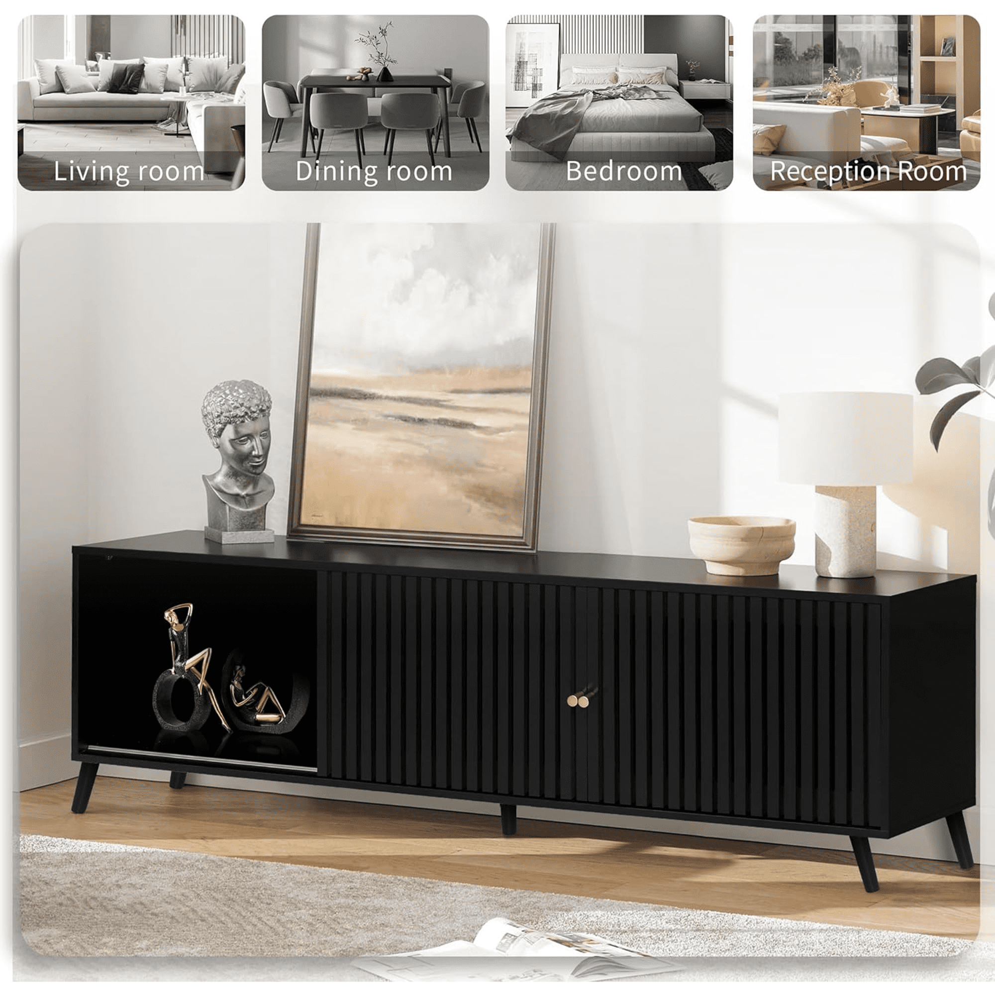 Oubayajia Mid-Century Modern 63" TV Stand for TVs up to 70”, Wood TV Console with Waveform Sliding Doors and Storage, Entertainment Center for Living Room Bedroom, Black