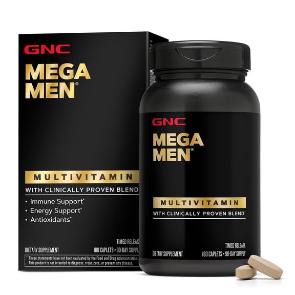 GNC Mega Men Multivitamin Caplets, Immune Support, Energy Support, B Vitamins, Vitamin D-3, Timed Release, 180 Caplets