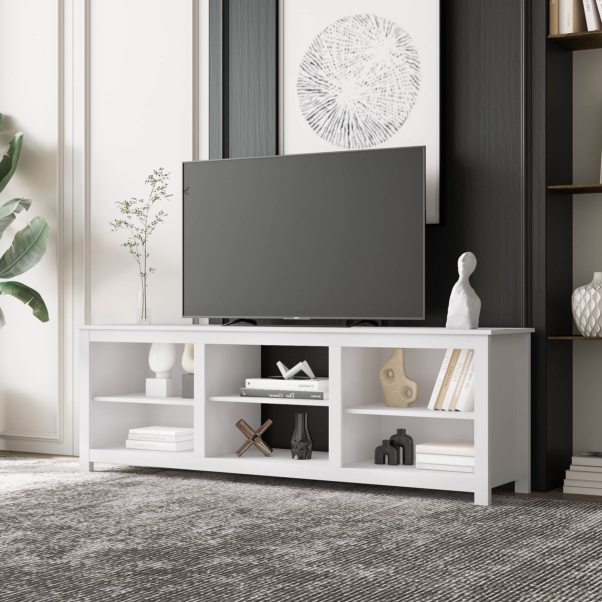 Kadyn Living room TV Stand Furniture, TV Cabinet Stand with 6 storage compartments and 1 shelf cabinet, Large TV Cabinet for for tvs up to 70'', White