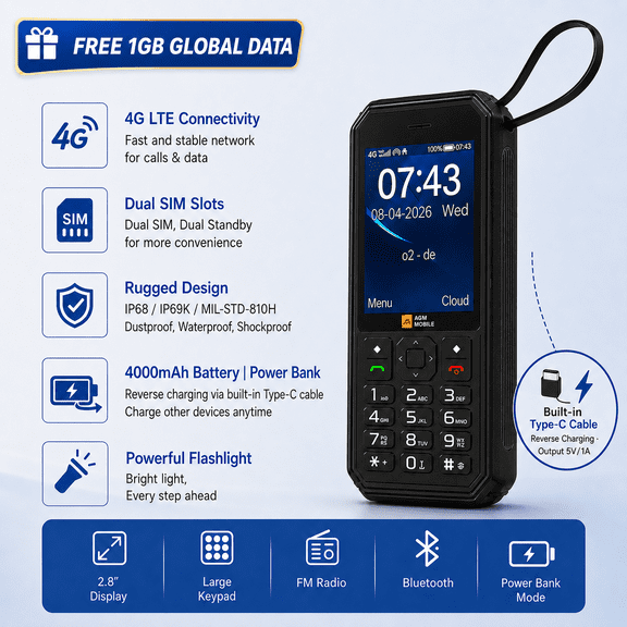 AGM M11 Unlocked Rugged 4G Feature Phone | Cloud Phone & Global Data SIM Ready, IP68/IP69K/MIL-STD-810H, Mobile Hotspot, 225g Ultra-Portable, FM Radio, 128GB Expandable, Reverse Charging