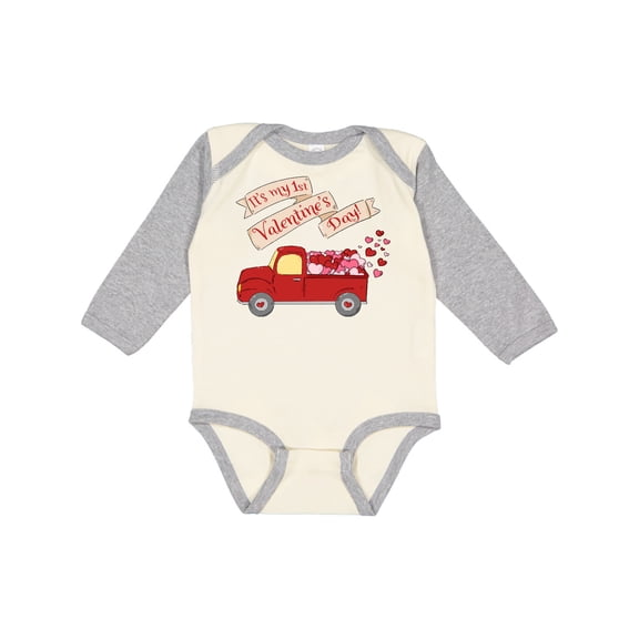 Inktastic It's My 1st Valentine's Day with Red Truck and Hearts Boys or Girls Long Sleeve Baby Bodysuit
