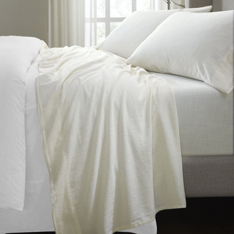 Superior Chloe 100% Cotton Percale Linen Texture Bed Sheet Set, Queen, Ivory