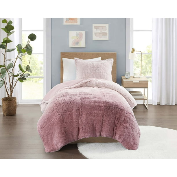 Mainstays Shaggy Faux Fur 2 Piece Pink Comforter Bed Set, Comforter and