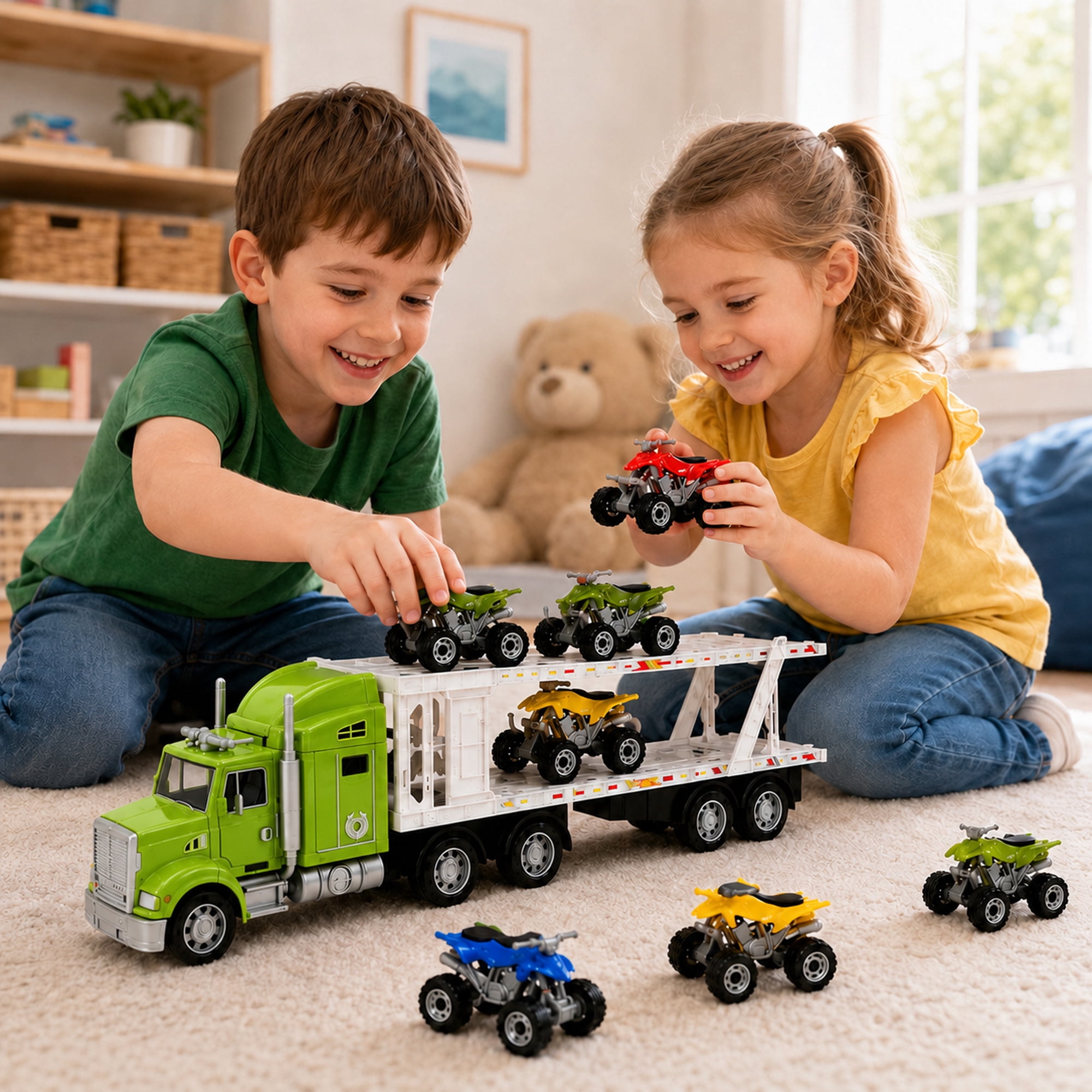 9-Piece Mini Vehicle Carrier Truck Playset, Double-Deck Toy Transport Truck with 8 Mini Vehicles, Friction Powered Semi Truck Toy, No Batteries Required, Gift for Kids Ages 3+
