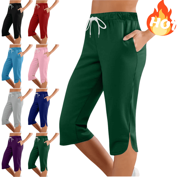 Mifsaly Plus Size Capri Pants for Women Baggy High Waisted Yoga Capris Side Slit Hem Running Workout Athletic Cropped Pant with Pockets XXXL