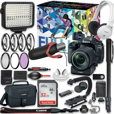 Canon EOS 80D DSLR Camera Premium Video Creator Kit w/18-135mm Lens + PZ-E1 Power Zoom Adapter + Sony Monitor Series Headphones + Video LED Light + 32gb Memory + Monopod + High End Accessory Bundle