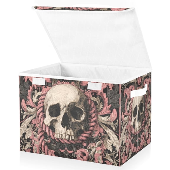 Foldable Fabric Storage Bin With Handle Collapsible Basket Box Storage With Lid Organizer Featuring A Skull and Opes