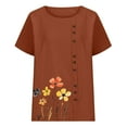 thumbnail image 4 of Itsame Short Sleeved Shirt Summer Womens Printed T-Shirt Casual Tops Round Neck Button Cotton Blouses Brown Size M, 4 of 4