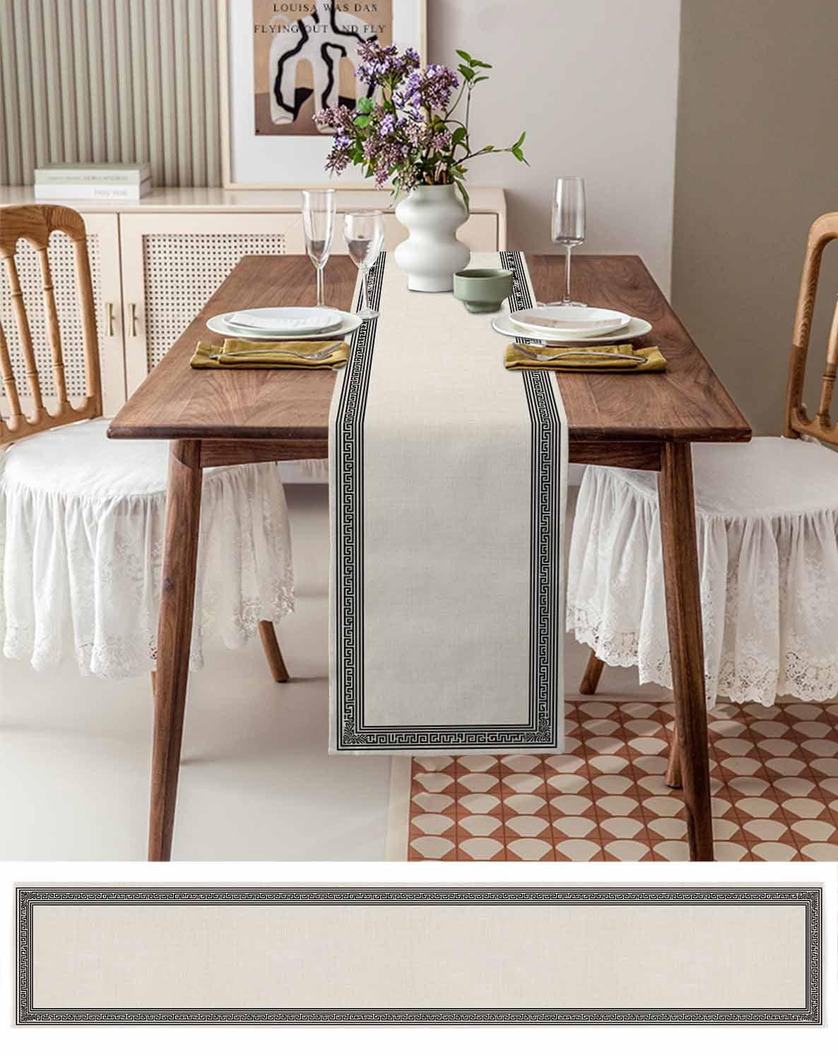 Black Cream Greek Key Table Runner 72 Inches, Geometric Greece Ancient Rustic Bed Runner Dresser Scarves Tabletop for Indoor Outdoor Parties/Ceremony/Banquet, 18" x 72"