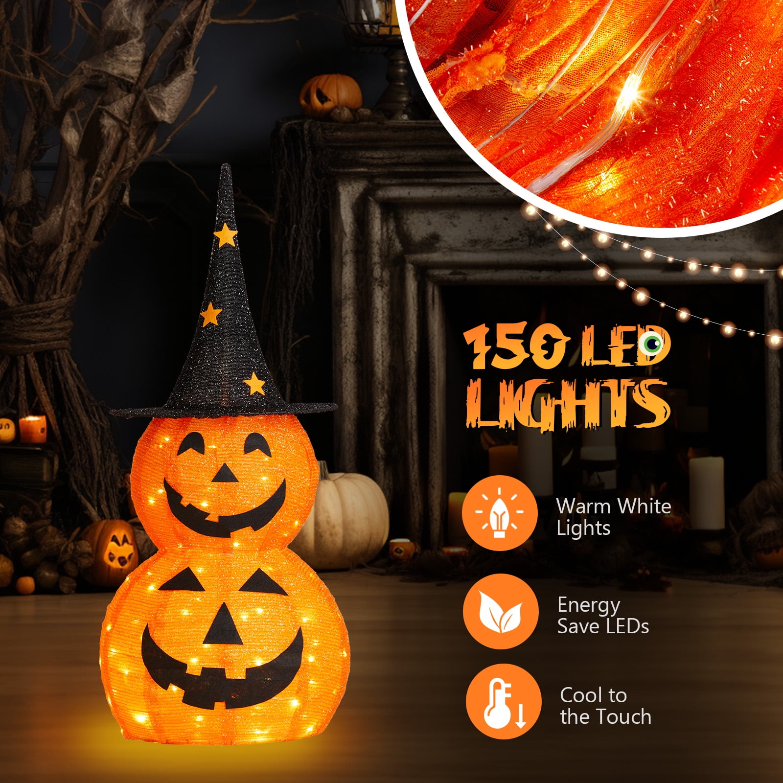 2Pcs 3ft Halloween Collapsible Pumpkin Decorations 150 LED Lights