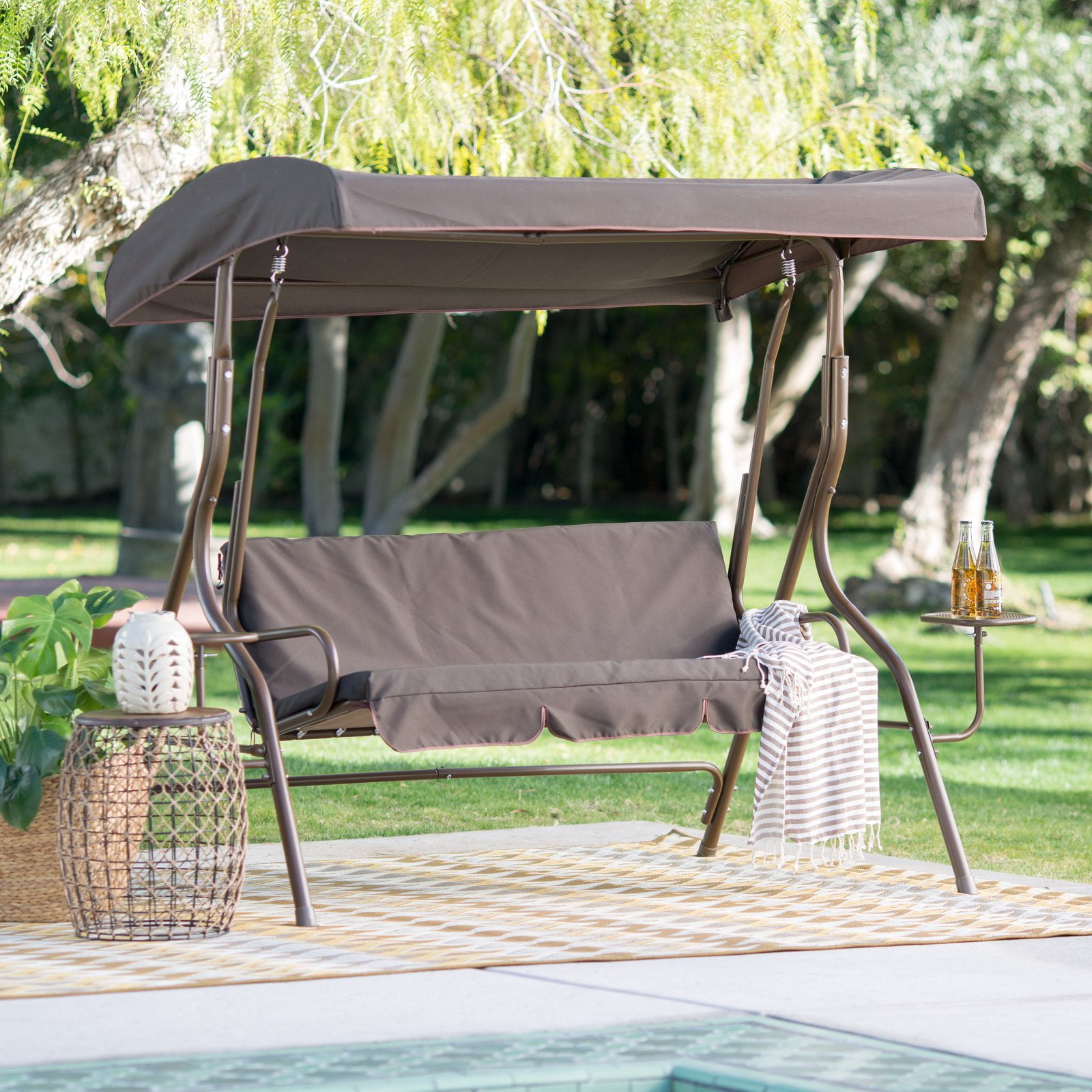 C Coast Lakewood 2 Person Adjustable Tilt Canopy Metal Swing With Side Tables