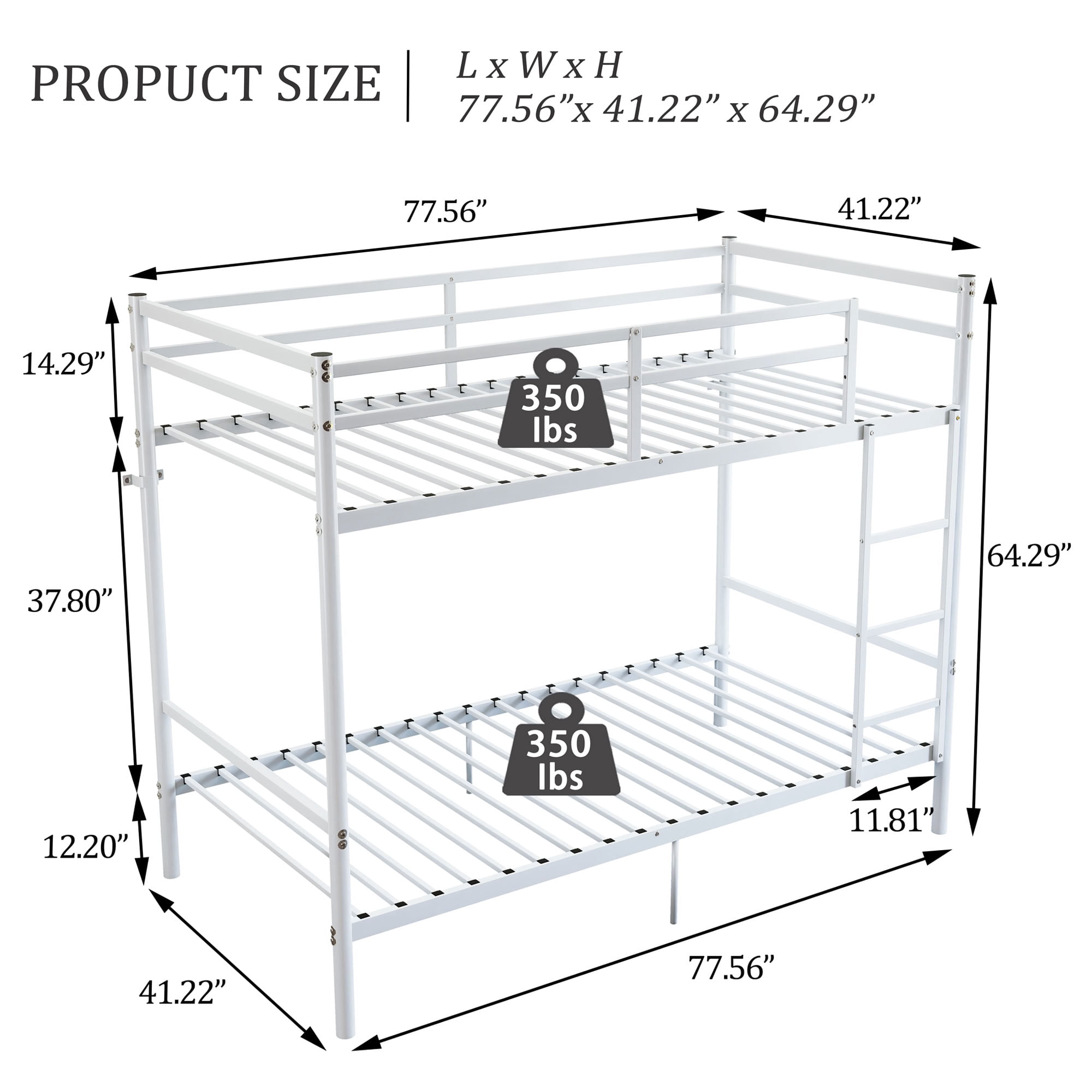 MAYEERTY Twin Over Twin Metal Bunk Bed with High Guardrail and Ladder, Space-Saving Bed for Kids Teens Adults, No Box Spring Needed for Bedroom Dorm