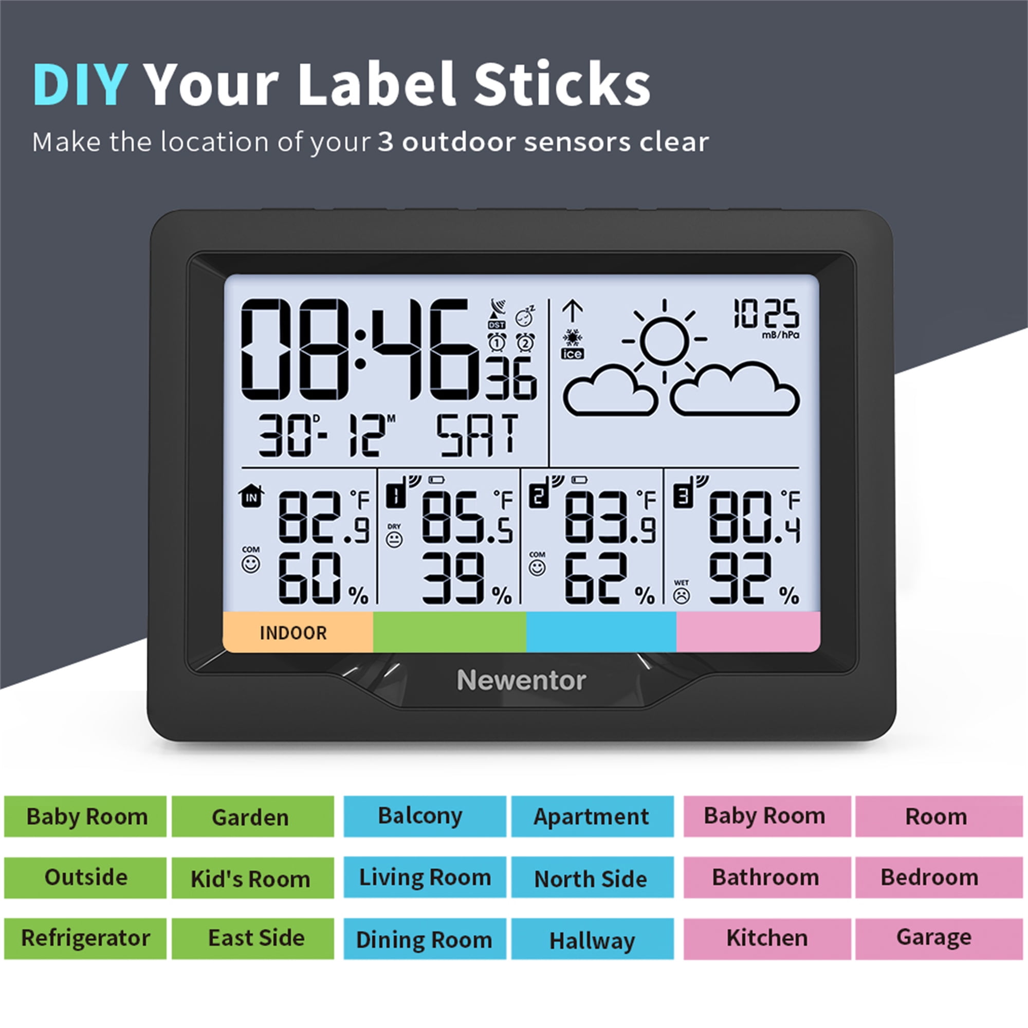 Weather Station Wireless Indoor Outdoor Thermometer with 3 Outdoor Sensor, Black