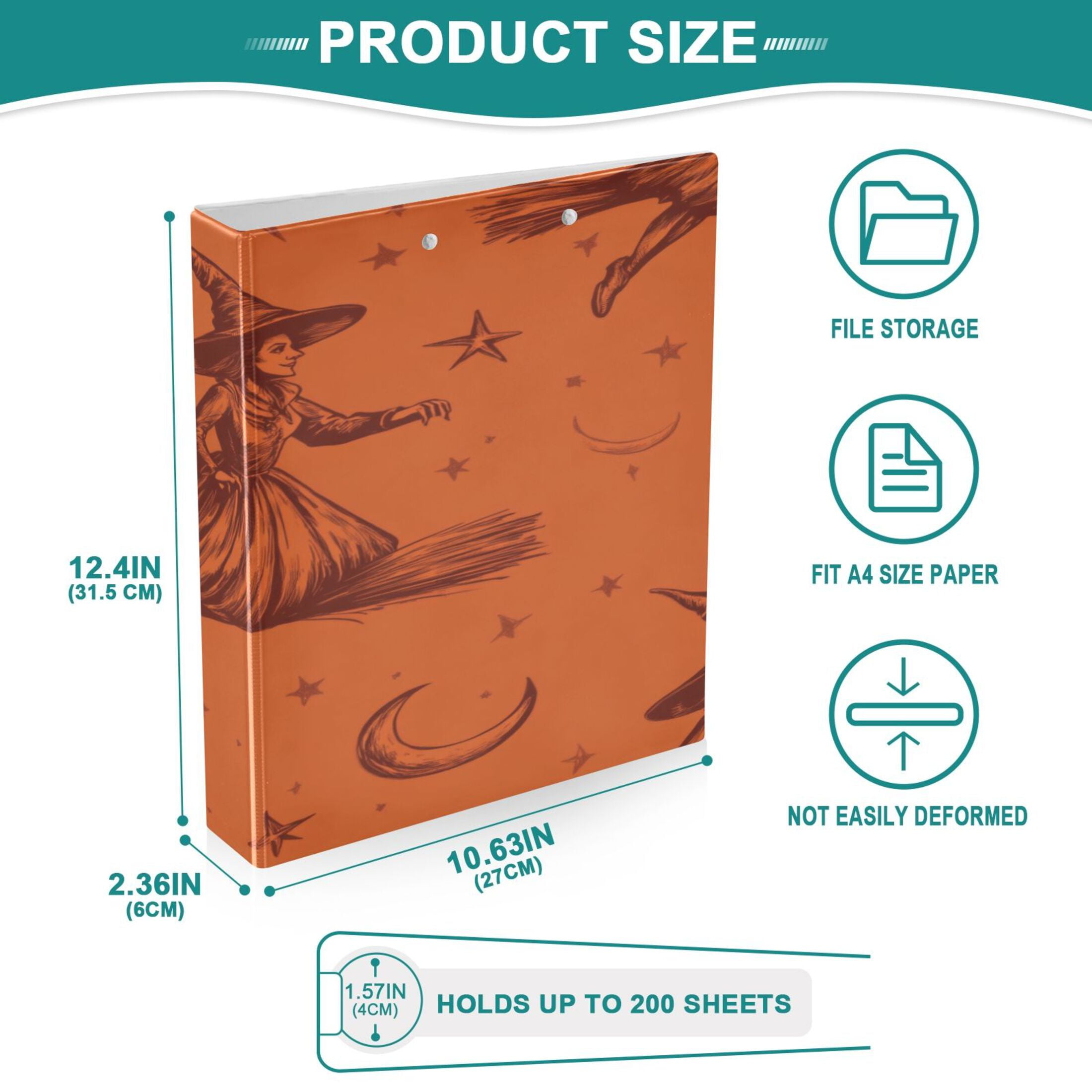 Flying Witch 12.4x10.6in PVC Round Ring Binder, D-Ring 3-Hole, Metal Clip, 200 Sheets