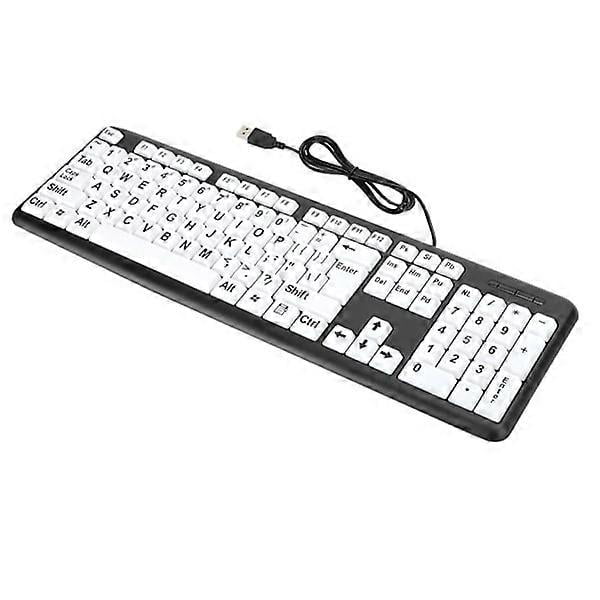 Black Low Vision Keyboard USB Wired Senior Keyboard with White Large Print Keys Black