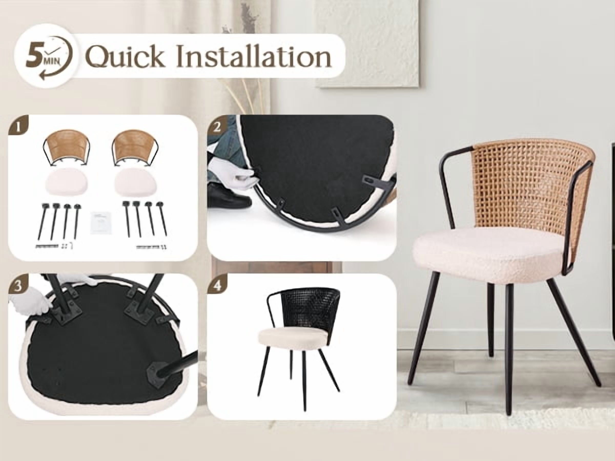 Sailvan Dining Chairs Set of 4, Rattan Upholstered Kitchen & Dining Room Chairs Accent Chairs with Lamb Fleece Fabric Cushion, Black