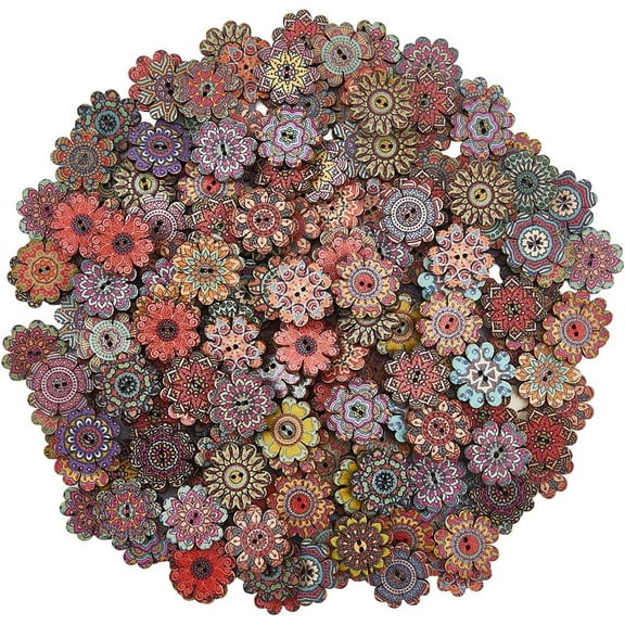 200Pcs Wooden Floral Buttons Mixed Vintage Wood Buttons with 2 Holes Printed 20mm Colorful Assorted Flower Sewing Fasteners Accessory for DIY Clothes Painting Crochet Scrapbooking Craft Decor DIY
