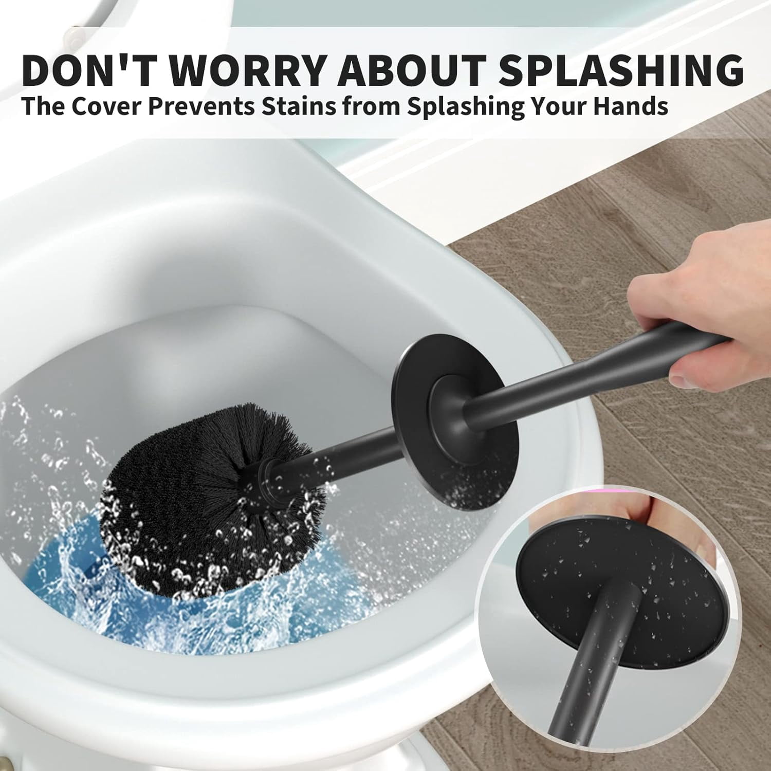 Toilet Brush with Long Handle, Durable Bristles and Covered Holder for Bathroom Cleaning (Black)