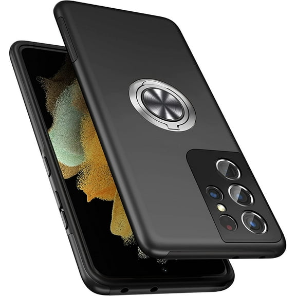 Case for Samsung Galaxy S21 Ultra 5G, [Built-in Camera Cover] Military Shockproof Phone Case Cover with Embedded Metal Ring Stand Kickstand [Support Magnetic Car Holder] for S21 Ultra, Black