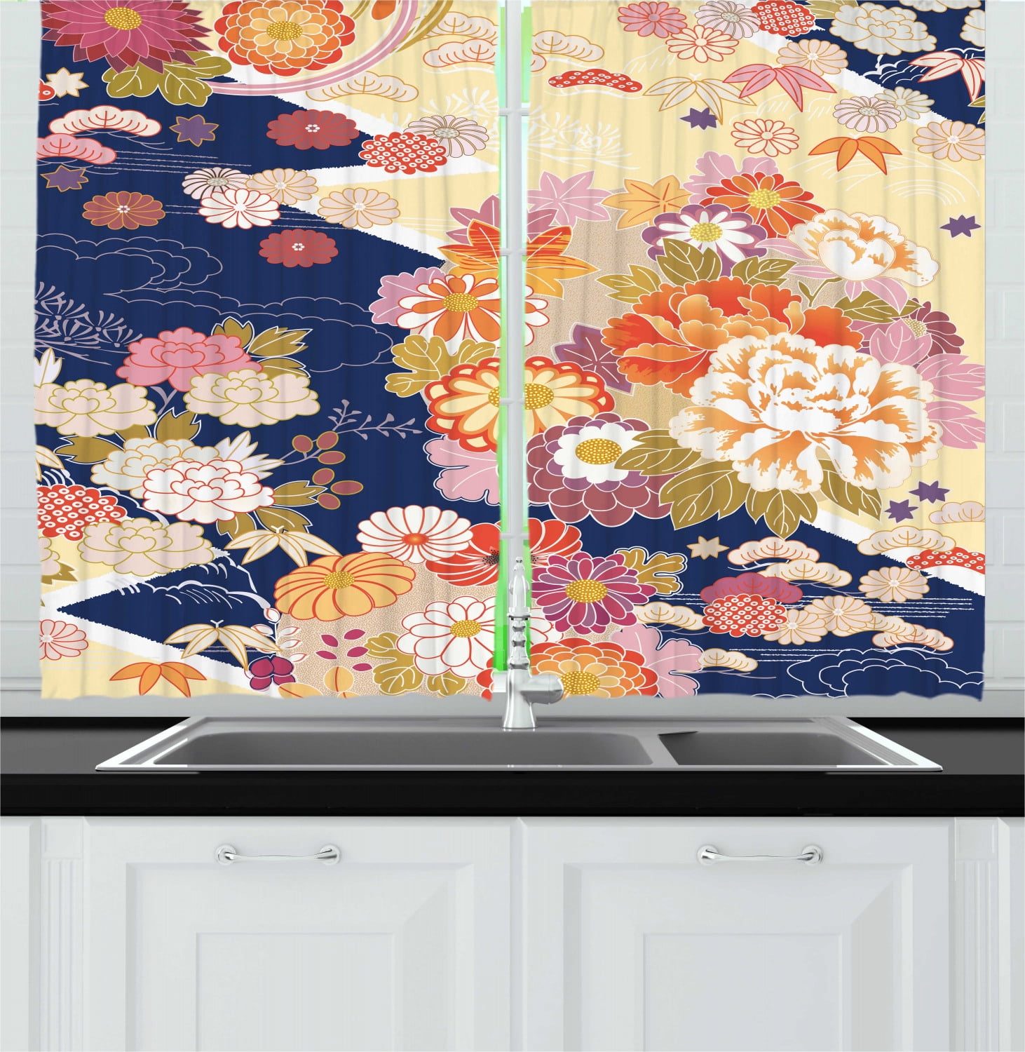 Japanese Bamboo Sun Mountains Kitchen Curtains Window Drapes 2 Panels Set 55*39" 