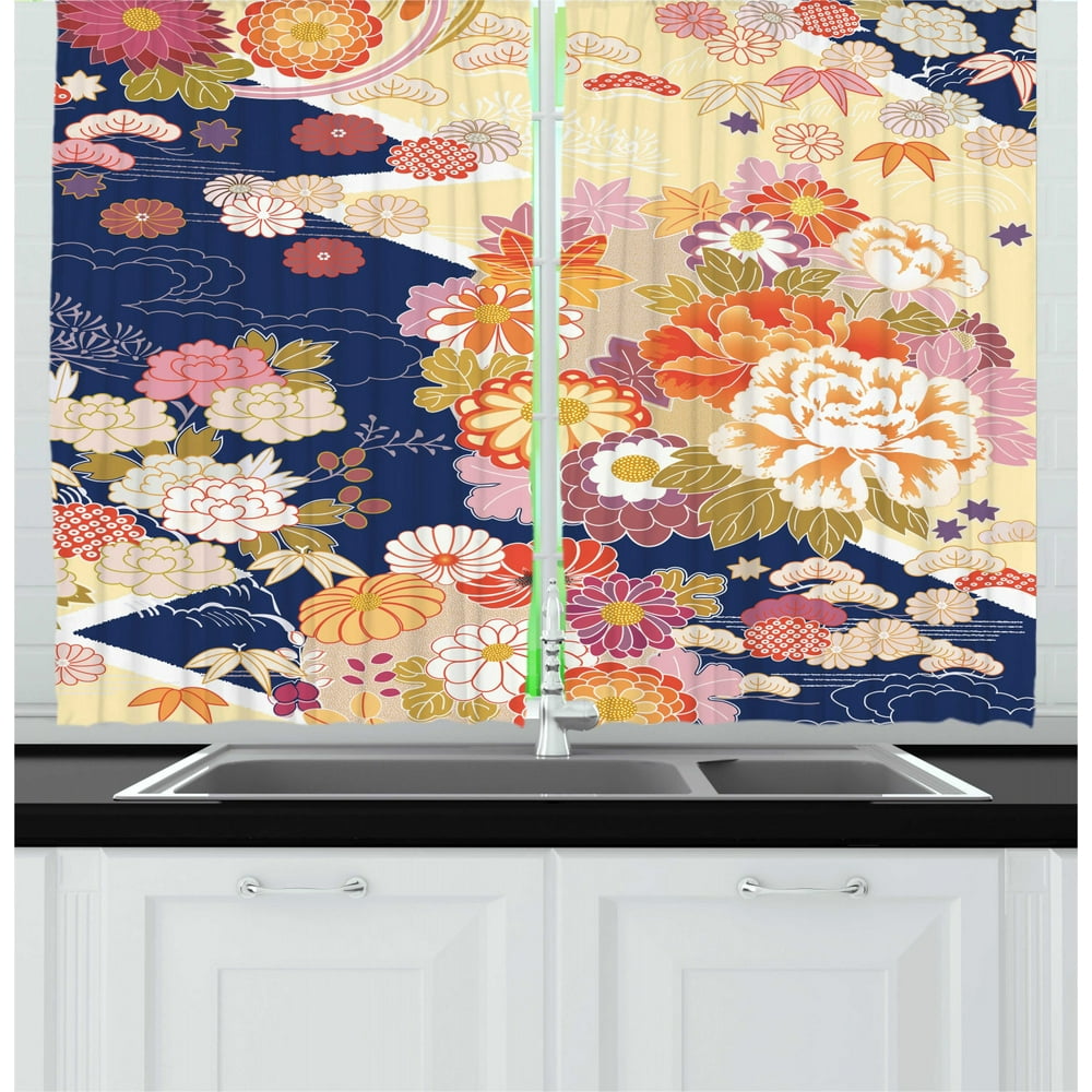 Japanese Curtains 2 Panels Set, Traditional Kimono Motifs Composition